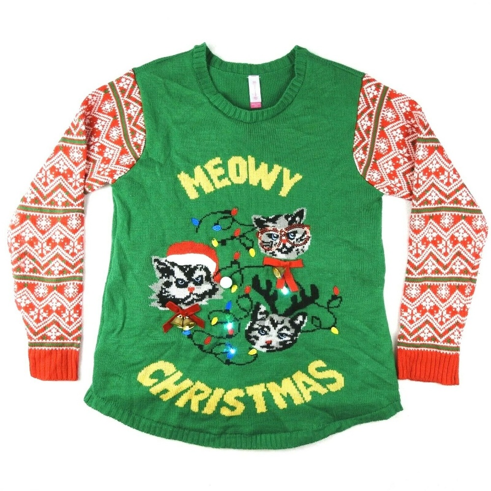 Ugly Christmas Sweater Kitten Cat Meow Womens Size